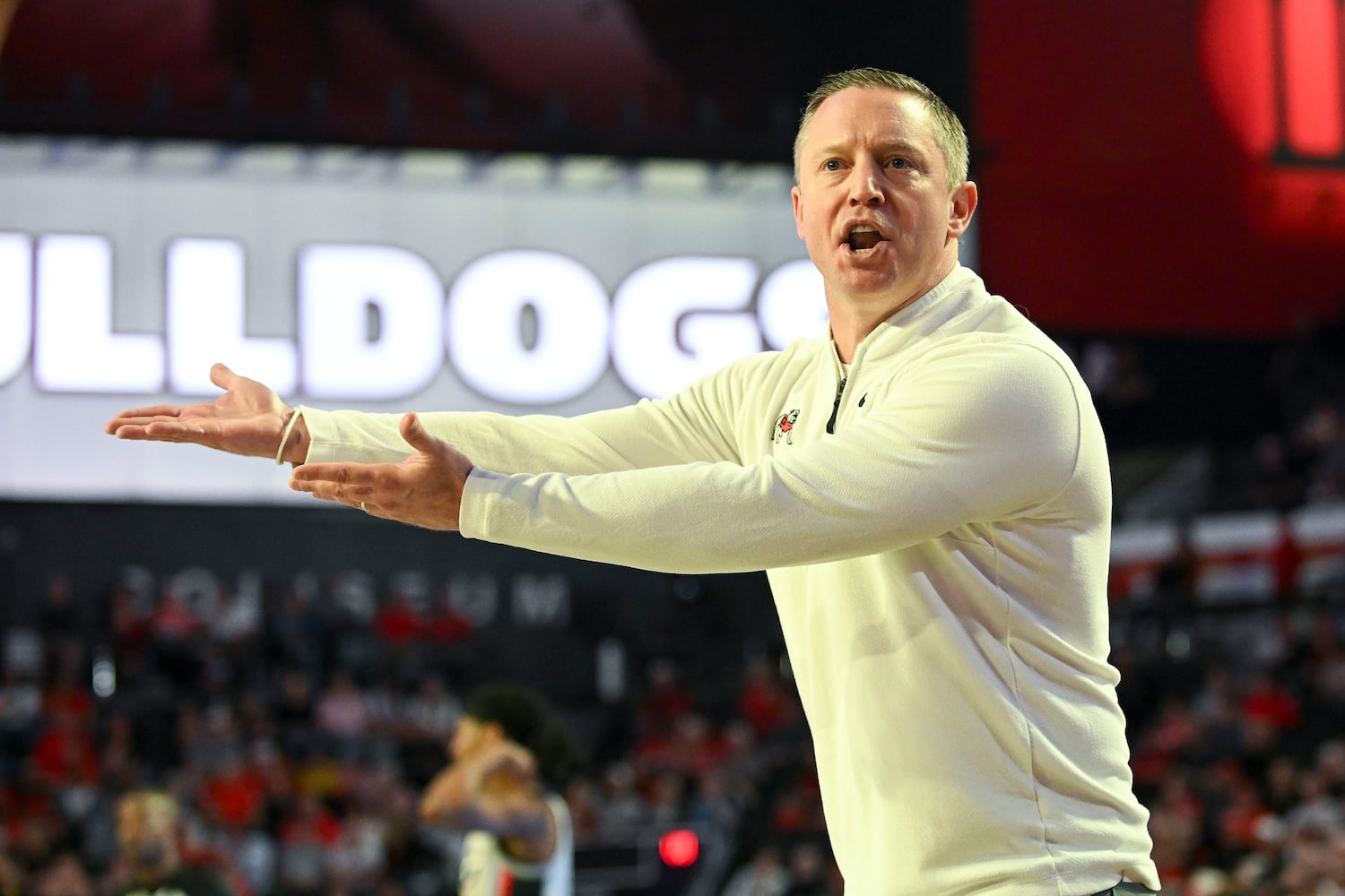 Georgia head coach Mike White reacts to a referee’s call during the second half. (Daniel Varnado/For the Atlanta Journal-Constitution)