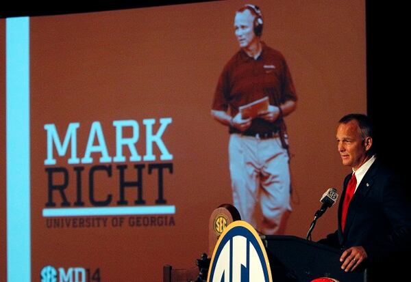 Georgia coach Mark Richt speaks to the media at the Southeastern Conference NCAA college football media days, Thursday, July 17, 2014, in Hoover, Ala. (AP Photo/Butch Dill) Mark Richt will be working in a new conference. (Butch Dill/AP)