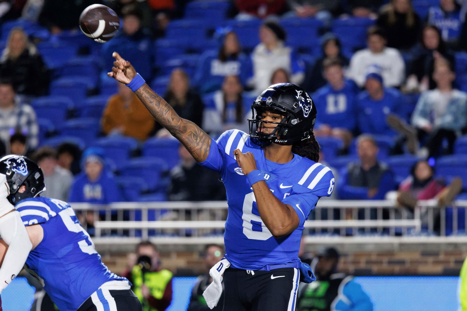 Duke's Maalik Murphy (6) throws during an NCAA college football game against Florida State in Durham, N.C., Friday, Oct. 18, 2024. (AP Photo/Ben McKeown)