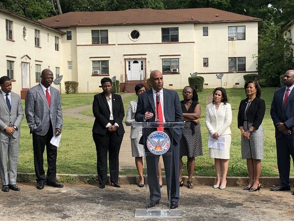 Dr. Christopher Edwards, chairman of Atlanta Housing Authority, speaks during a press conference Thursday, April 25, 2019, to announce a commitment of authority funds to benefit Mayor Keisha Lance Bottoms’ pledge to boost affordable housing by $1 billion. J. SCOTT TRUBEY/STRUBEY@AJC.COM