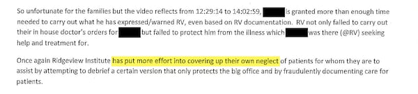 A Monroe police officer filed a supplementary report regarding an incident at The Ridgeview Institute in Monroe in 2018, and concluded that the facility was "covering up their own neglect of patients." The facility repeatedly blocked police from entering to investigate complaints, the AJC found.