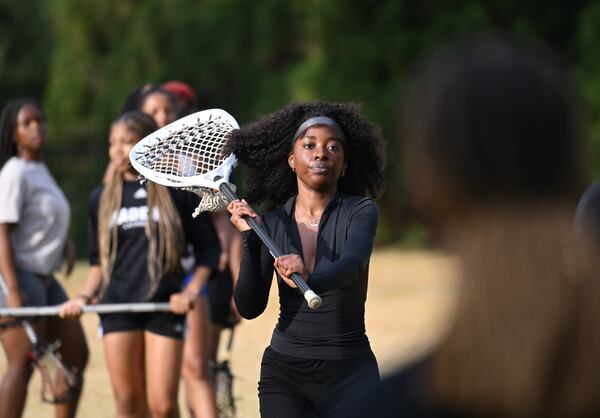 October 25, 2022 Atlanta - Laila Christian (goalie) runs a drill during their Lacrosse practice at Spelman College on Tuesday, October 25, 2022. (Hyosub Shin / Hyosub.Shin@ajc.com)