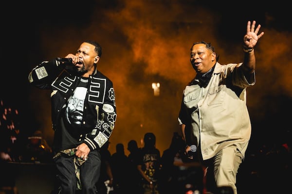 (l. to r.) Rapper Juvenile and producer Mannie Fresh perfom during Live Nation Urban's Lil WeezyAna Fest at Smoothie King Center in New Orleans on Nov. 1, 2024. The pair is performing with the 400 Degreez Band and Hot Boy Turk at The Eastern in Atlanta on Nov. 20, 2024.