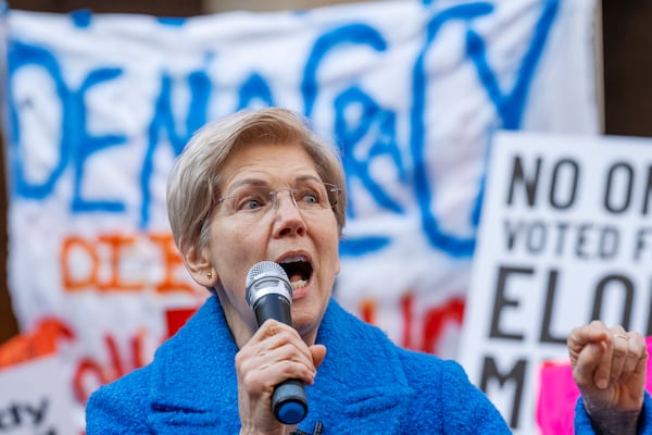 Sen. Elizabeth Warren, D-Mass., speaks during a protest in support of the Consumer Financial Protection Bureau on Monday, Feb. 10, 2025, in Washington. (Jacquelyn Martin/AP)