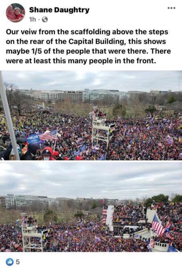 Shane Daughtry of Baker County allegedly posted this scene from the scaffolding in front of the U.S. Capitol during the Jan. 6 riot. Daughtry, a firearms dealer in South Georgia, faces charges of entering a restricted space.