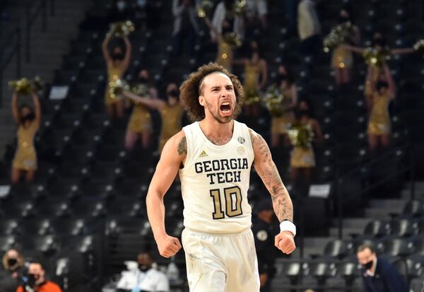 February 27, 2021 Atlanta - Georgia Tech's guard Jose Alvarado (10) reacts at the end of the second half during a NCAA college basketball game at Georgia Tech's McCamish Pavilion in Atlanta on Saturday, February 27, 2021. Georgia Tech won 84-77 over Syracuse. (Hyosub Shin / Hyosub.Shin@ajc.com)