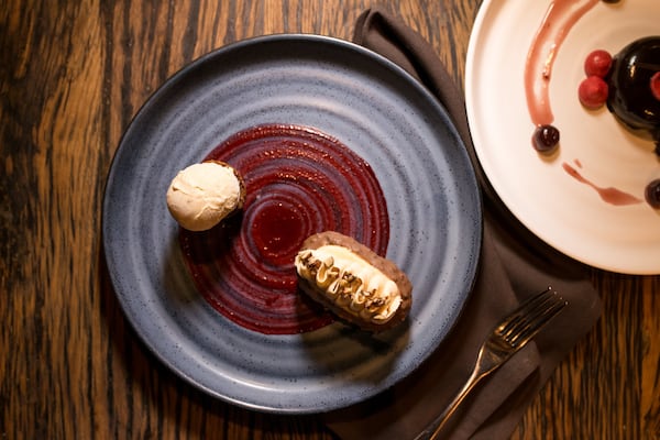 Stone Mountain Pecan Cheesecake with milk chocolate rocher pecan glaze and caramel cream. Photo credit- Mia Yakel