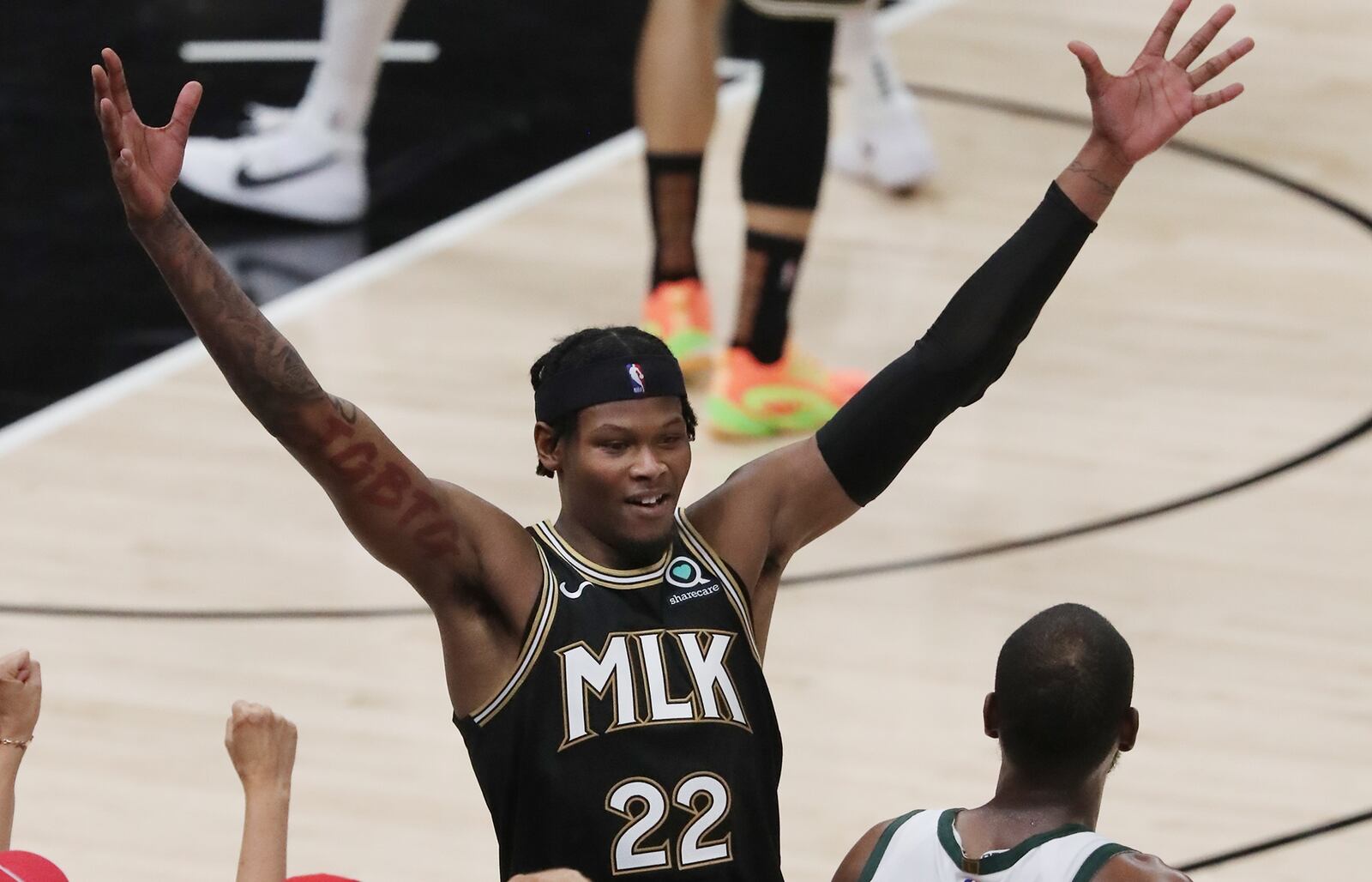 Hawks guard Cam Reddish reacts after making a big play on defense in the playoffs.  “Curtis Compton / Curtis.Compton@ajc.com”