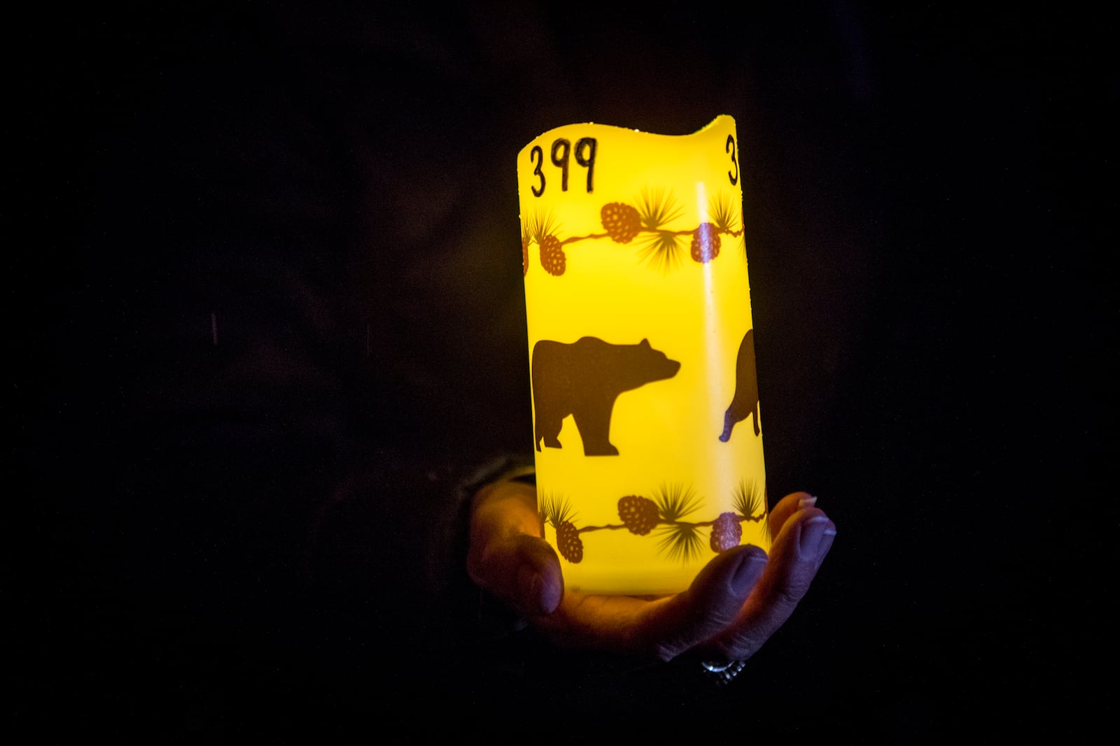 Catherina Gallegos holds a decorated candle in memory of grizzly bear No. 399 at a candlelight vigil in Jackson, Wyo. on Nov. 2, 2024. (AP Photo/Amber Baesler)