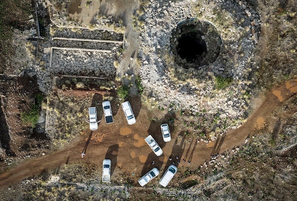 An aerial view of a mine shaft where an estimated 4000 illegal miners are trapped in a disused mine in Stilfontein, South Africa, Wednesday, Nov.13, 2024. (AP Photo)