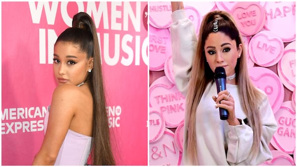 Ariana Grande at  Billboard Women In Music 2018  in New York (left) and the Ariana Grande wax figure at Madame Tussauds London.