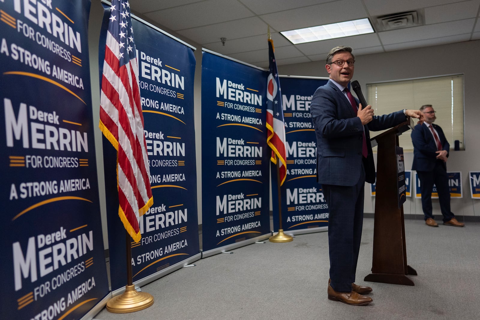 Speaker of the House Mike Johnson, R-La., speaks during a campaign event at the Lucas County Republican Party headquarters in Holland, Ohio, Saturday, Oct. 26, 2024. (AP Photo/Carolyn Kaster)