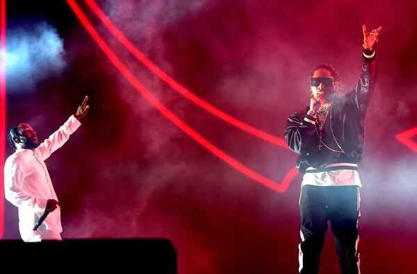 INDIO, CA - APRIL 16:  Rappers Kendrick Lamar and Future perform on the Coachella Stage during day 3 of the Coachella Valley Music And Arts Festival (Weekend 1) at the Empire Polo Club on April 16, 2017 in Indio, California.  (Photo by Kevin Winter/Getty Images for Coachella) *** Local Caption *** Kendrick Lamar; Future