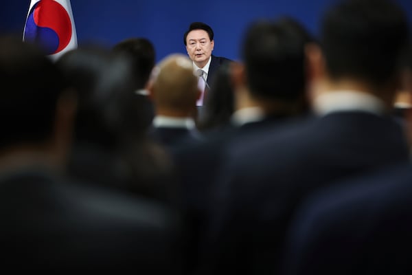 South Korean President Yoon Suk Yeol answers a reporters' question during a news conference at the Presidential Office in Seoul, South Korea Thursday, Nov. 7, 2024. (Kim Hong-Ji/Pool Photo via AP)