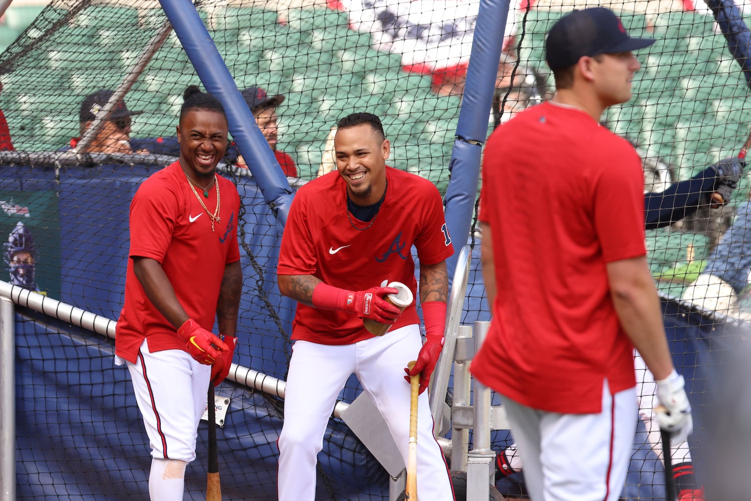 Braves players Ozzie Albies (1) and Orlando Arcia (11) joke during batting practice at Truist Park on Tuesday, April 12, 2022. Miguel Martinez/miguel.martinezjimenez@ajc.com