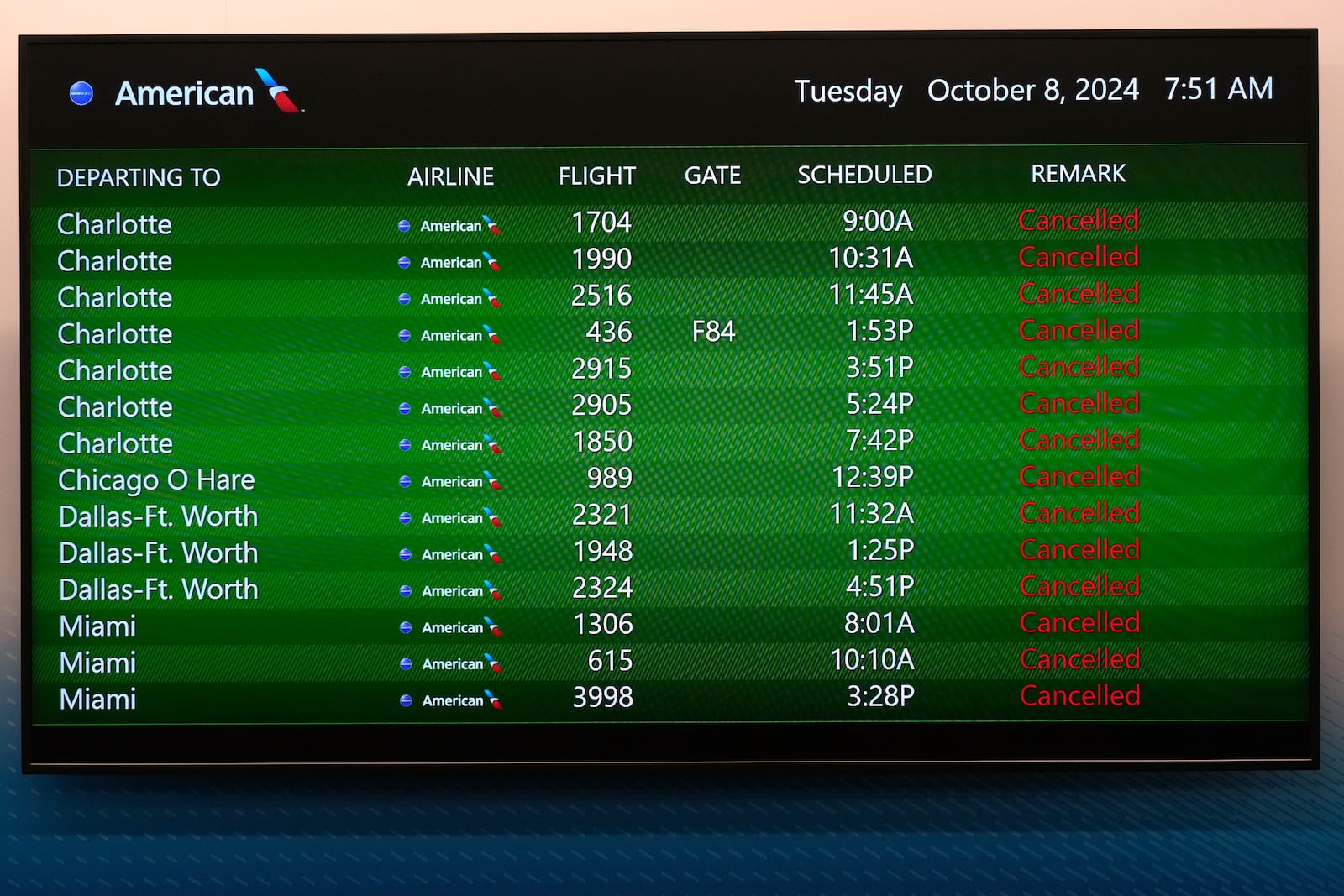 A message board at the Tampa International Airport shows all American Airlines departing flight canceled Tuesday, Oct. 8, 2024, in Tampa, Fla., due to the possible arrival of Hurricane Milton. (AP Photo/Chris O'Meara)