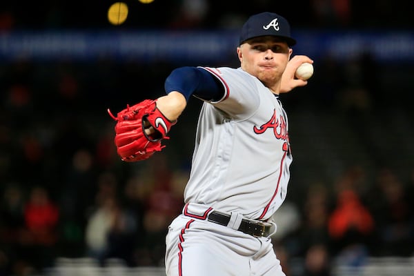 Sean Newcomb pitches during the ninth inning against the San Francisco Giants on Monday night.  (Photo by Daniel Shirey/Getty Images)