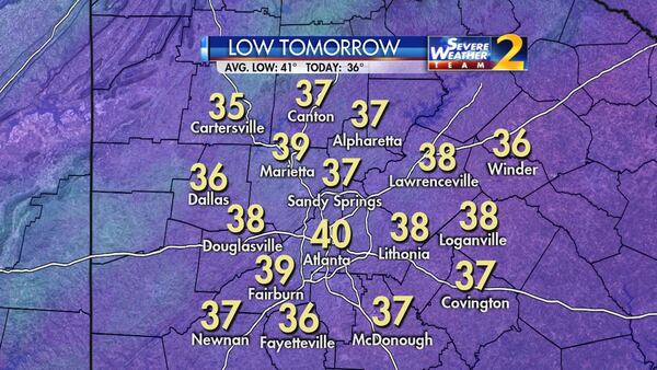 Temperatures should be in the mid-30s Tuesday morning. Atlanta is expected to see highs in the mid-60s through Friday. (Credit: Channel 2 Action News)