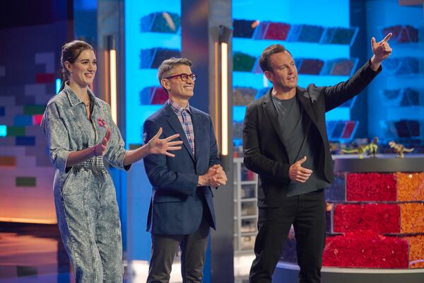 LEGO MASTERS: L-R: Judges Amy Corbett and Jamie Berard with Host Will Arnett in Season Three of LEGO MASTERS premiering Wednesday, Sept. 21 (9:00-10:00 PM ET/PT) on FOX..  ©2022 FOX MEDIA LLC. CR: Tom Griscom/FOX