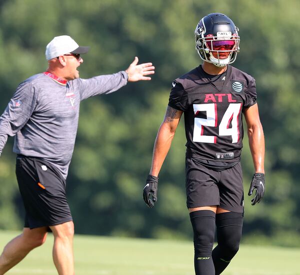 Falcons cornerback A.J. Terrell gets in some work on the first day of practice during training camp Thursday, July 29, 2021, at the team's training facility in Flowery Branch. (Curtis Compton / Curtis.Compton@ajc.com)