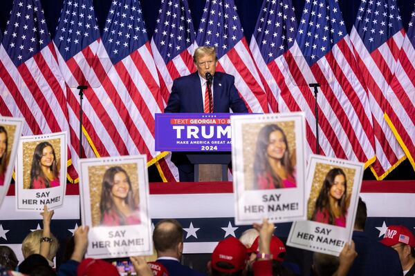 Former President Donald Trump speaks about slain nursing student Laken Riley during a rally in March in Rome. File photo. 
(Arvin Temkar/The Atlanta Journal-Constitution/TNS)