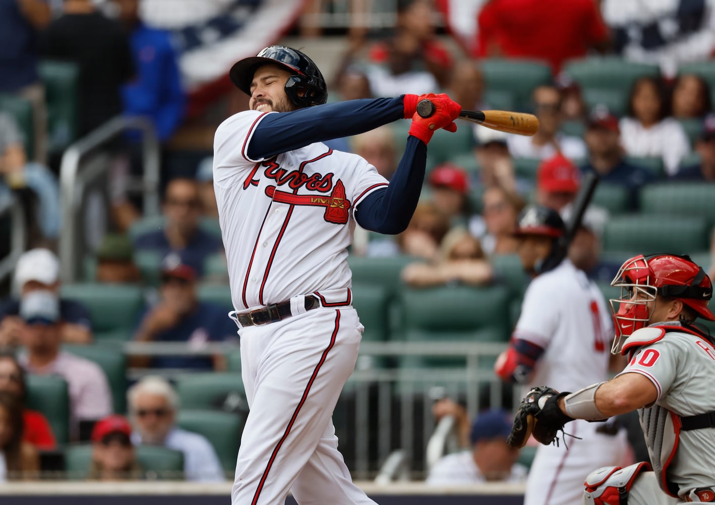 Atlanta Braves' Travis d'Arnaud strikes out to end the third inning of game one of the baseball playoff series between the Braves and the Phillies at Truist Park in Atlanta on Tuesday, October 11, 2022. (Jason Getz / Jason.Getz@ajc.com)