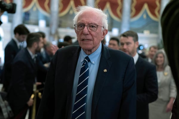 Sen. Bernie Sanders, I-Vt., walks to the House Chamber before of President Donald Trump addresses a joint session of Congress at the Capitol in Washington, Tuesday, March 4, 2025. (AP Photo/Jose Luis Magana)