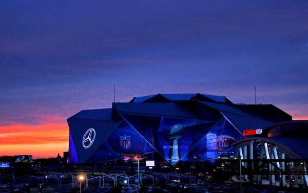 An exterior view of Mercedes-Benz Stadium is seen on January 27, 2019 in Atlanta, Georgia, where Super Bowl LIII kicks off on Feb. 3 between the New England Patriots and the Los Angeles Rams.