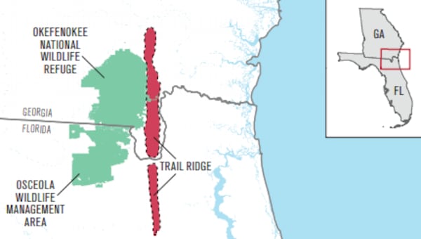 A map shows Trail Ridge, the area along the eastern boundary of the Okefenokee Wildlife Refuge where an Alabama-based company wants to open a mine for titanium. Opponents fear the mining could harm the swamp, home to hundreds of species, including some that are endangered. Image Okefenokee Protection Alliance