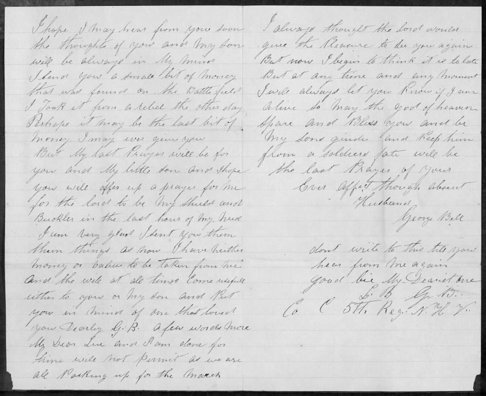 “I always thought the Lord would give the pleasure to see you again,” George Bell wrote on May 25, 1864. “But now I begin to think it is too late.” Bell served as a private with the 5th New Hampshire Infantry Regiment and was captured during the Battle of Cold Harbor near Richmond, Virginia. He was imprisoned at Camp Sumter in southwest Georgia, where he died of scurvy. (Courtesy of the Andersonville Irish Project)