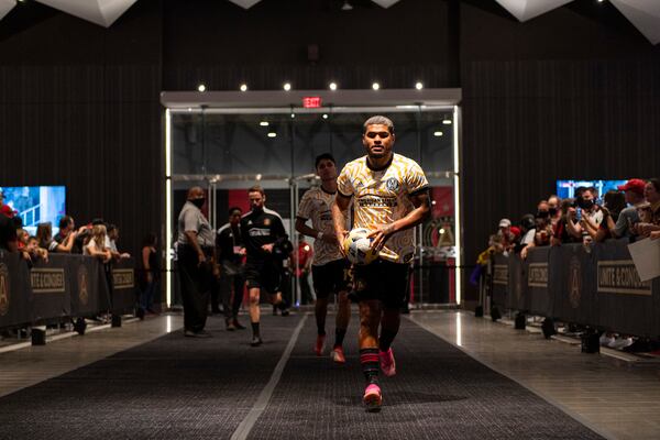 Atlanta United forward Josef Martinez (7) walks out onto the pitch for warm-ups before the match against Inter Miami Wednesday, Sept. 29, 2021, at Mercedes-Benz Stadium. (Jacob Gonzalez/Atlanta United)