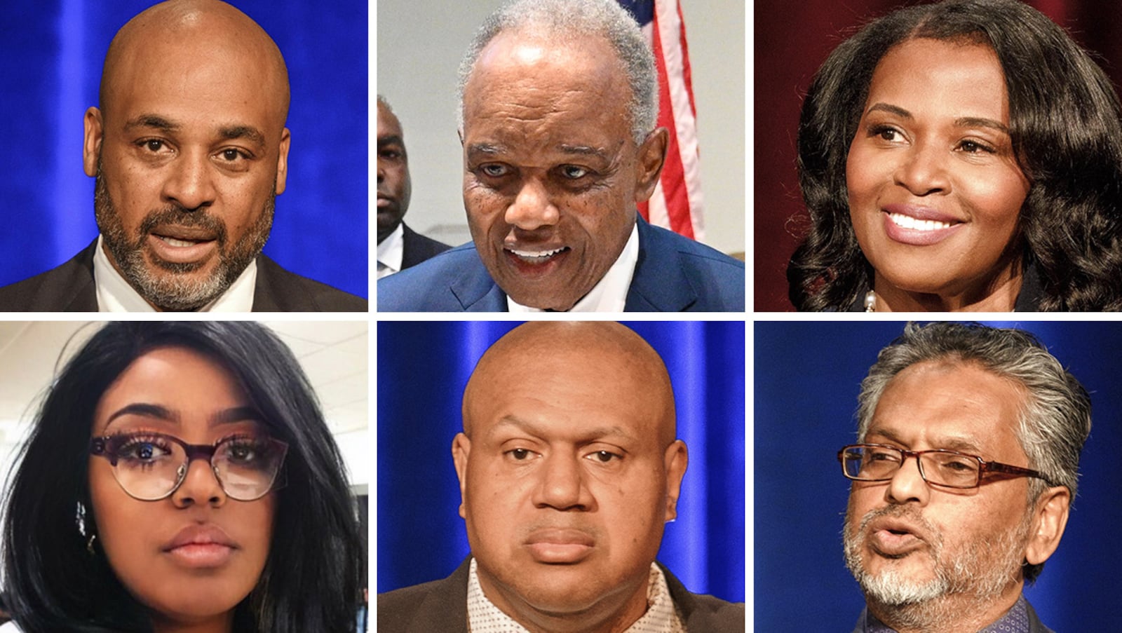 Democratic candidates for Georgia 13th District (from top left) Marcus Flowers, incumbent David Scott, Karen Rene, Uloma Kama, Brian Johnson and Rashid Malik.