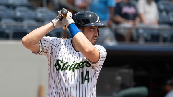 Catcher Travis d'Arnaud steps to plate in the seventh inning of Game 1 of a doubleheader between the Gwinnett Stripers and Charlotte Knights Sunday, Aug. 8, 2021, in Lawrenceville. D'Arnaud's grounder brought in the winning run. (Jamie Spaar/Gwinnett Stripers)