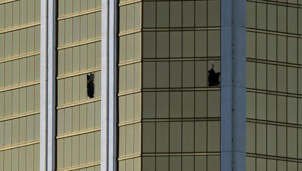 The damaged windows on the 32nd floor of the Mandalay Bay Resort and Casino in Las Vegas that were used by shooter Stephen Paddock to gun down 58 people at a festival below on Oct. 1.. 