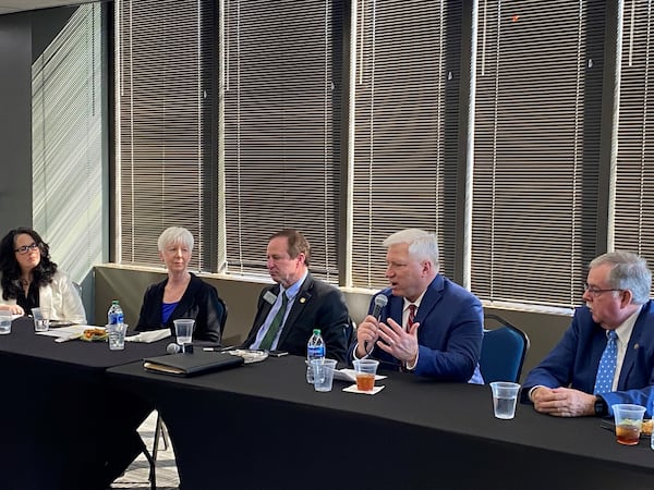 A recent panel discussion on Medicaid expansion alternatives at the Georgia Capitol featured (left to right): Natalie Crawford, executive director of Georgia First; Cindy Gillespie, former director of the Arkansas Department of Human Services; state Sen. Chuck Hufstetler, R-Rome; Paul Hull, vice president of regional advocacy for the American Cancer Society Cancer Action Network; and North Carolina State Rep. Donny Lambeth. (Ariel Hart/AJC)