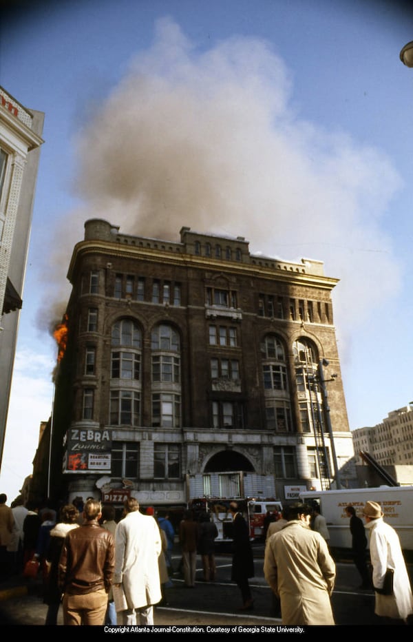 The Loew's Grand Theatre on fire, January 1978.