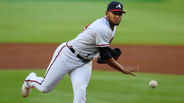 Braves pitcher Huascar Ynoa delivers against the Chicago Cubs during the first inning Wednesday, April 28, 2021, in Atlanta. (Curtis Compton/Curtis.Compton@ajc.com)