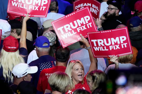 Supporters rally before Republican presidential nominee former President Donald Trump arrives for a rally in Salem Va., Saturday Nov 2, 2024. (AP Photo/Steve Helber)