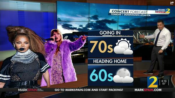 Channel 2 Action News meteorologist Brian Monahan is calling for temperatures in the 70s when doors open Friday for the Taylor Swift and Janet Jackson concerts in downtown Atlanta. It will be in the 60s by the time concertgoers head home, he said.