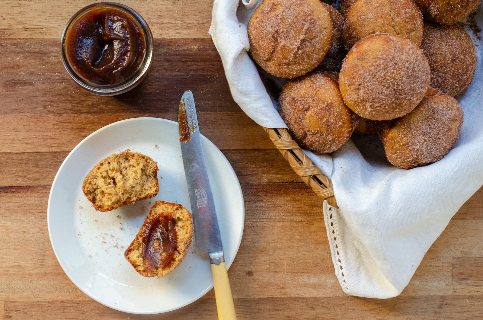 Apple Cider Doughnut Muffins topped with apple butter offers three layers of apple flavor.