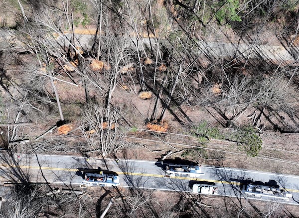 Aerial photo shows the aftermath of a storm in Dallas, Sunday, March 16, 2025. National Weather Service teams will be conducting a damage survey in the Paulding County/Dallas area, which sustained “pretty significant” damage from the storms, NWS Senior Meteorologist Dylan Lusk told The Atlanta Journal-Constitution on Sunday morning. (Hyosub Shin / AJC)