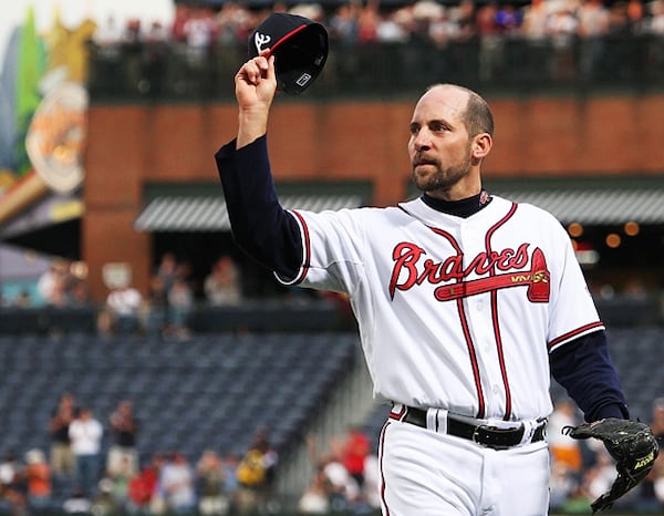 080422 ATLANTA: Atlanta Braves starting pitcher John Smoltz reacts after throwing his 3,000th career strikeout in the third inning becoming only the 16th pitcher in Major League history to reach the mark. Twenty years ago Smoltz threw out Darryl Strawberry on strikes to then catcher Bruce Benedict. Tuesday, April 22, 2008. Pouya Dianat / AJC John Smoltz could be elected to the National Baseball Hall of Fame in his first year on the ballot. Results will be announced Tuesday.