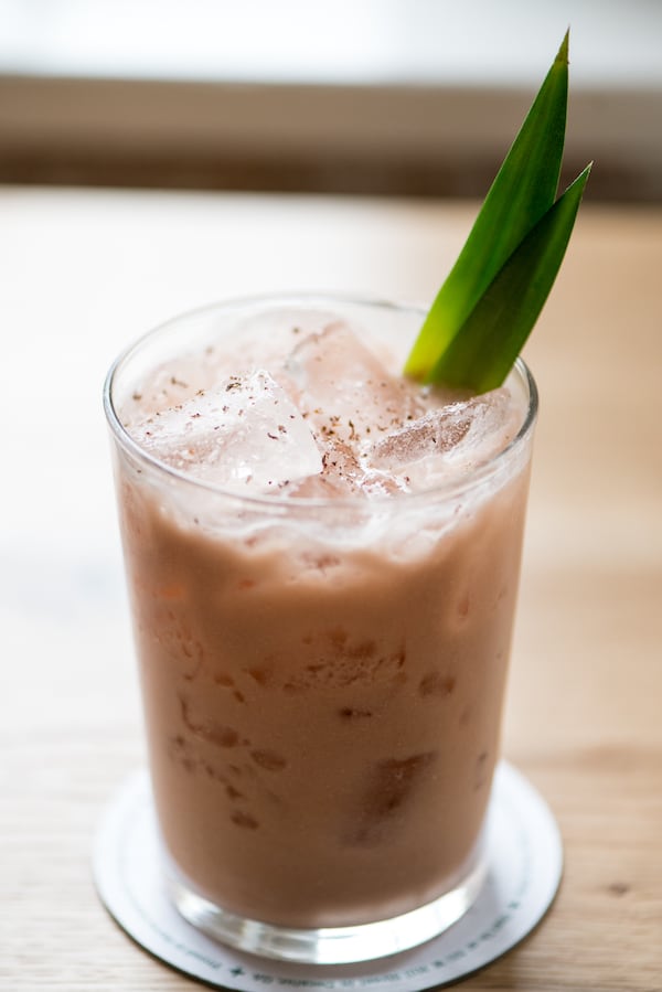  Nose Bone cocktail with hamilton’s dark rum, lucky falernum, honey, lime, balsamic vinegar, coconut and spices at Scout in Oakhurst. / Photo credit- Mia Yakel.