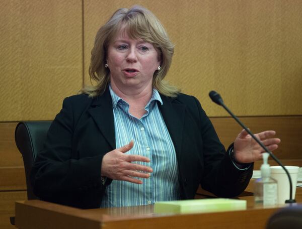 Dawn Tyler testifies during Day 4 of the Waffle House chairman sex tape trial at the Fulton County Courthouse on April 6, 2018. STEVE SCHAEFER / SPECIAL TO THE AJC