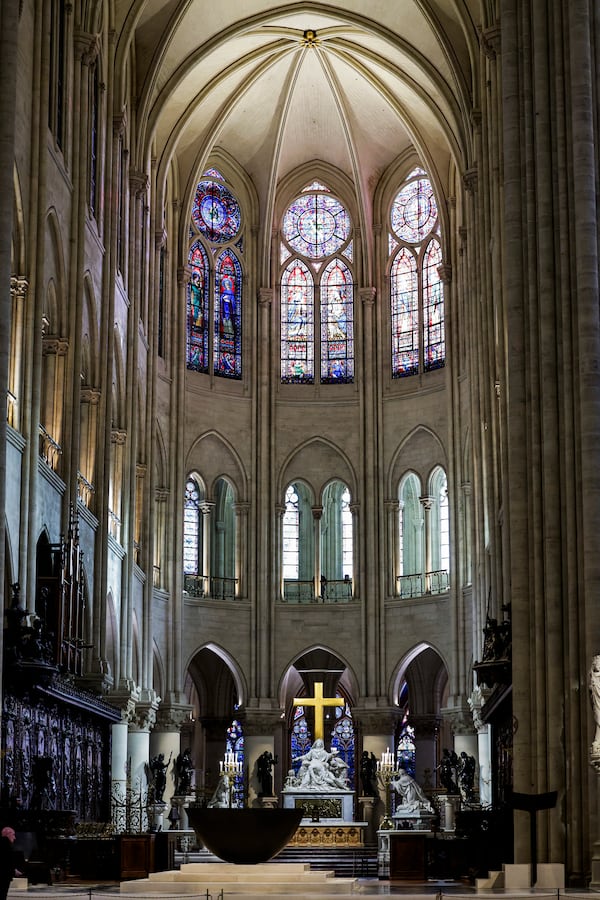 The altar designed by French artist and designer Guillaume Bardet is seen in the heart of Notre-Dame de Paris cathedral while French President Emmanuel Macron visits the restored interiors of the monument, Friday Nov. 29, 2024, in Paris. (Stephane de Sakutin, Pool via AP)