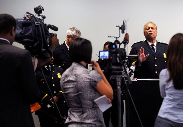 --Chief Richard J. Pennington addresses reporters on Monday about a raid last Thursday night at Atlanta Eagle, one of the city's largest gay clubs. The raid resulted in 62 patrons being forced to lie on the floor, have their pockets searched and their IDs checked before they were allowed to leave. For up to two hours, some customers lay face down in grime and spilled beer waiting their turns. On Monday, one by one, patrons and employees visited the Atlanta Police Office of Professional Standards complaining about the treatment. Eight employees were arrested for not having proper permits. They pleaded not guilty Monday morning. No one was arrested for drugs or lewd dancing.