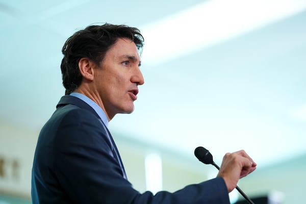 Canada Prime Minister Justin Trudeau answers reporters questions during an event in Ottawa on Thursday, March 6, 2025. (Sean Kilpatrick/The Canadian Press via AP)