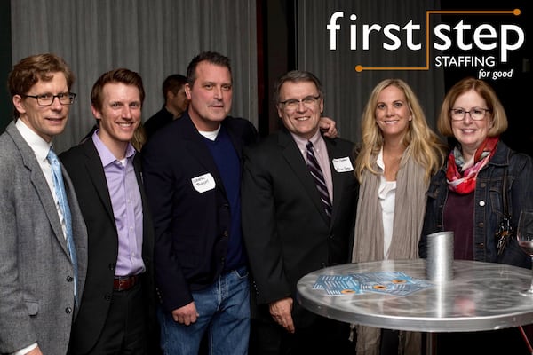 In January at Hilton Atlanta downtown, First Step: Staffing for Good held an event to celebrate the acquisition of LGS Staffing. First Step is a nonprofit staffing agency whose mission is to find jobs for homeless people in Atlanta. (Left to right) Paul Schroeder, guest speaker, Brian Goebel, board member of First Step, Greg Block, founder and board chair of First Step, Dave Shaffer, CEO of First Step, Monica Block, wife of Greg Block, and Jean Shaffer, wife of Dave Shaffer. 