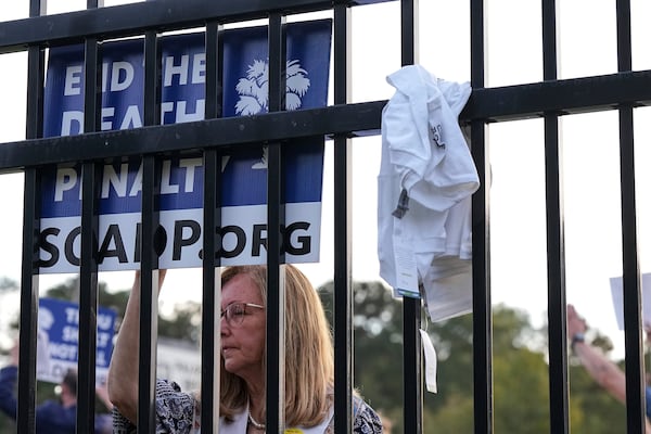 A protestor looks on prior to the scheduled execution of Richard Moore outside of Broad River Correctional Institution, Friday, Nov. 1, 2024, in Columbia , S.C. (AP Photo/Matt Kelley)