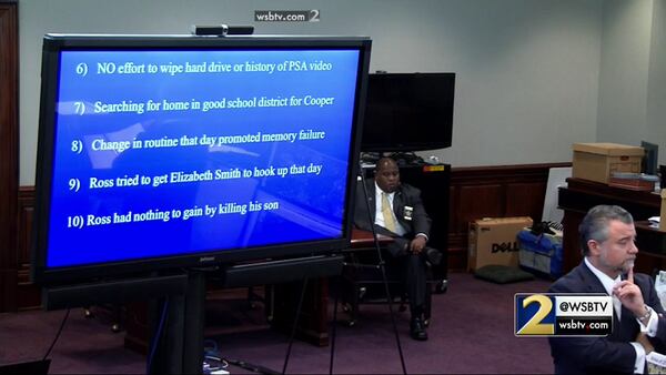 Defense attorney Maddox Kilgore gives the jury what he says are ten causes for reasonable doubt, during his closing argument at the murder trial of Justin Ross Harris at the Glynn County Courthouse in Brunswick, Ga., on Monday, Nov. 7, 2016. (screen capture via WSB-TV)